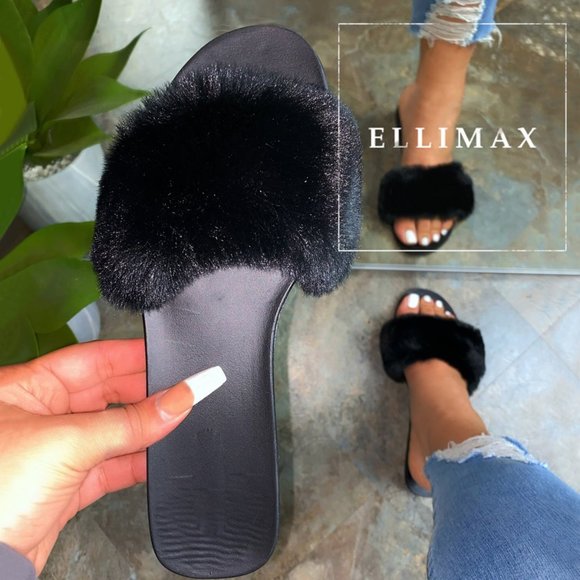 NEW Faux Fur Open Toe Slide Flat Sandal Flip Flops - Picture 2 of 6